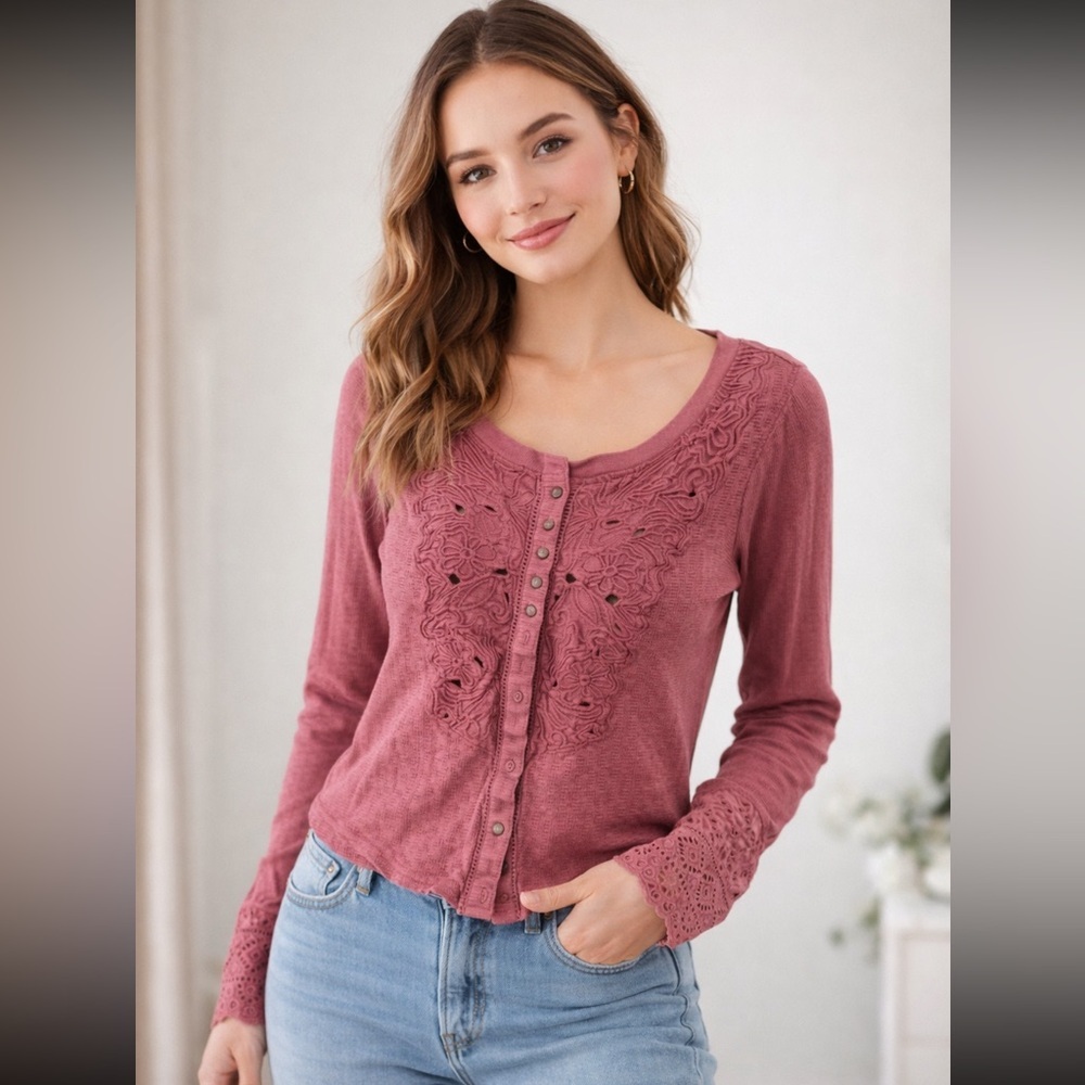 Free people Women's Embroidered Button-Up Top - Pink